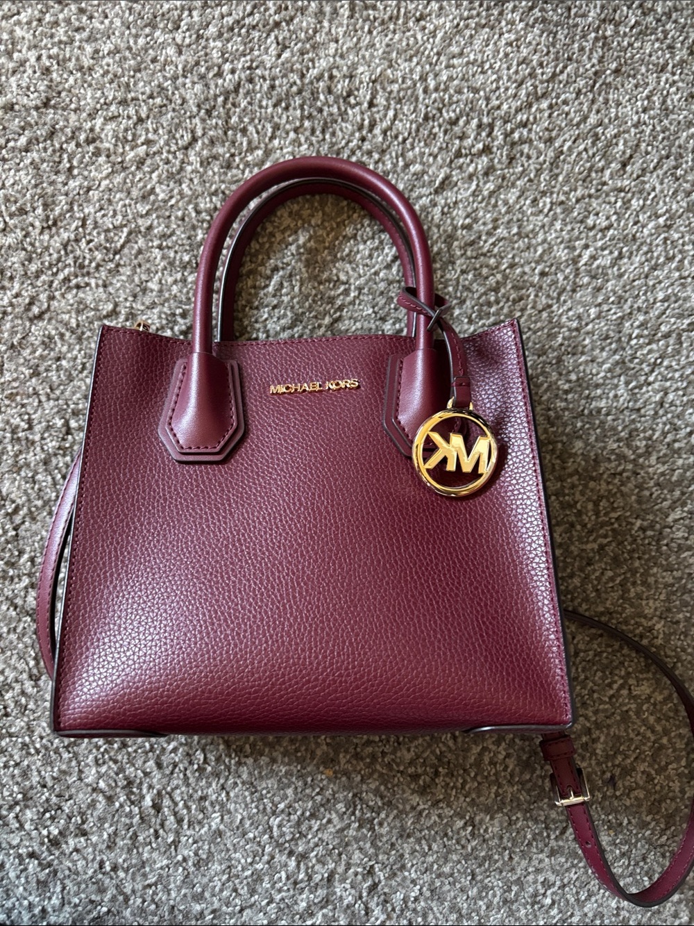 Michael Kors Wine Red Pebbled Leather Satchel with Gold Logo Charm